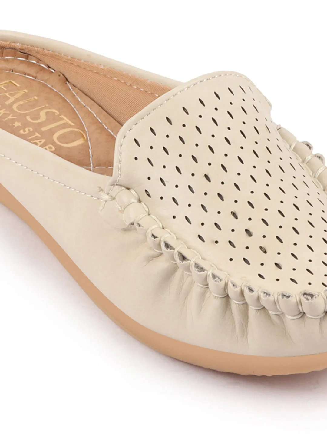 Women Cream Side Stitched Laser Cut Design Back Open Slip On Mules Shoes