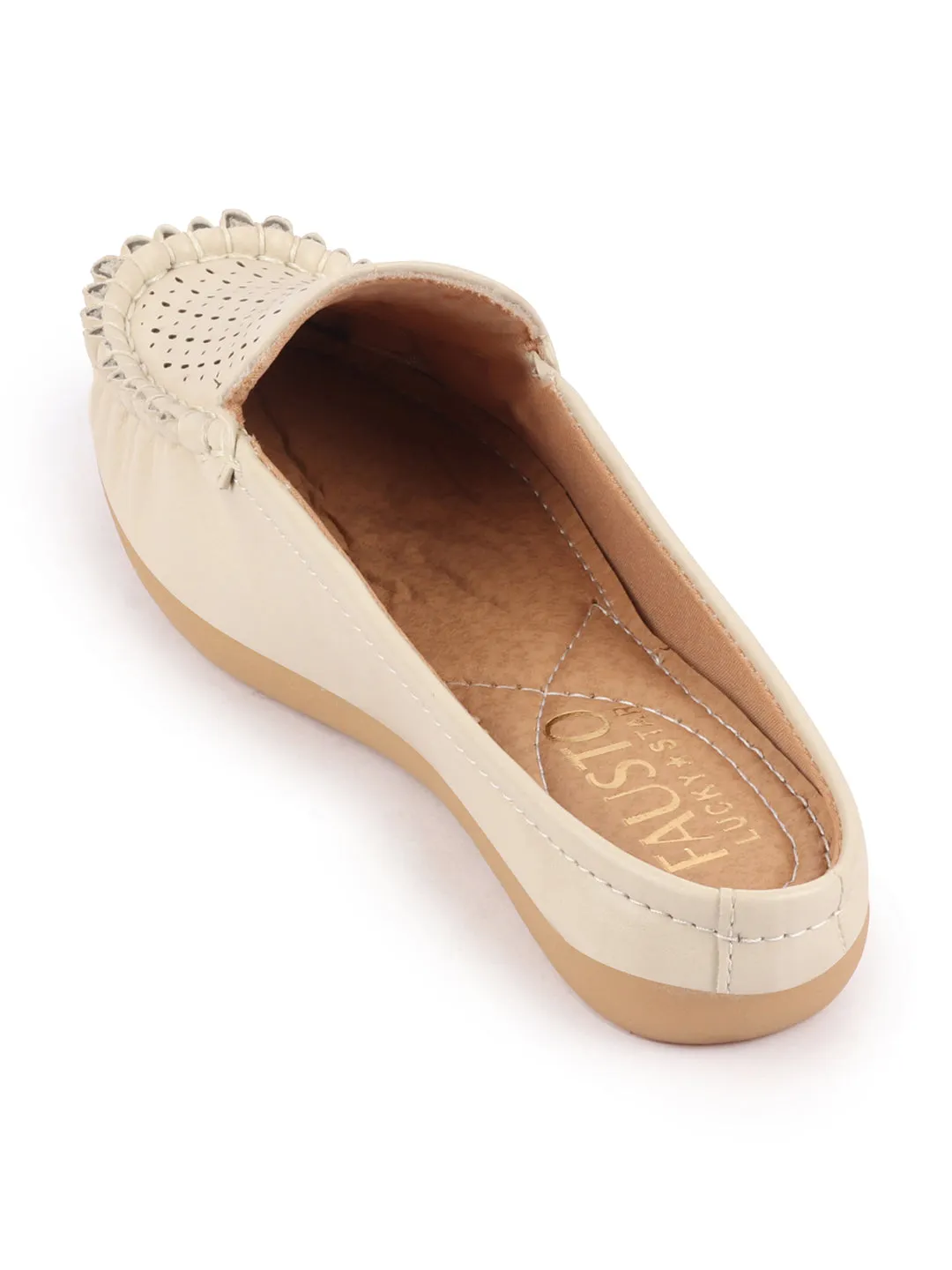 Women Cream Side Stitched Laser Cut Design Back Open Slip On Mules Shoes