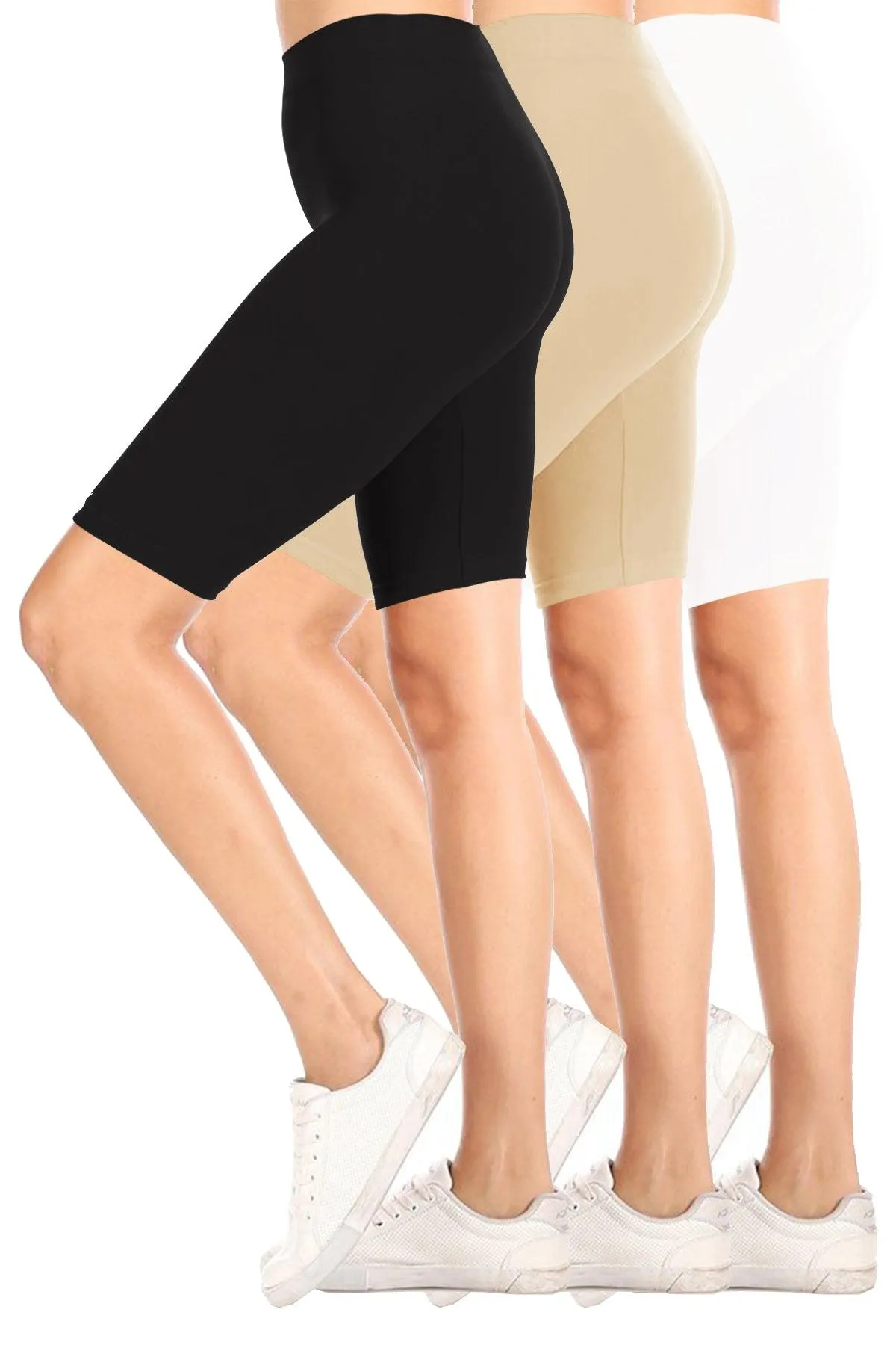 Women's Casual High Waist Stretch Basic  Mid Thigh Active Biker Shorts Pants (Pack of 3)