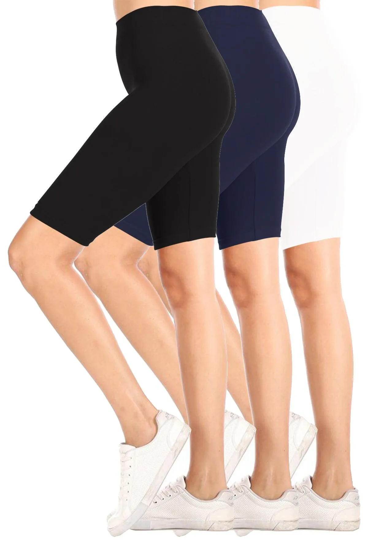 Women's Casual High Waist Stretch Basic  Mid Thigh Active Biker Shorts Pants (Pack of 3)