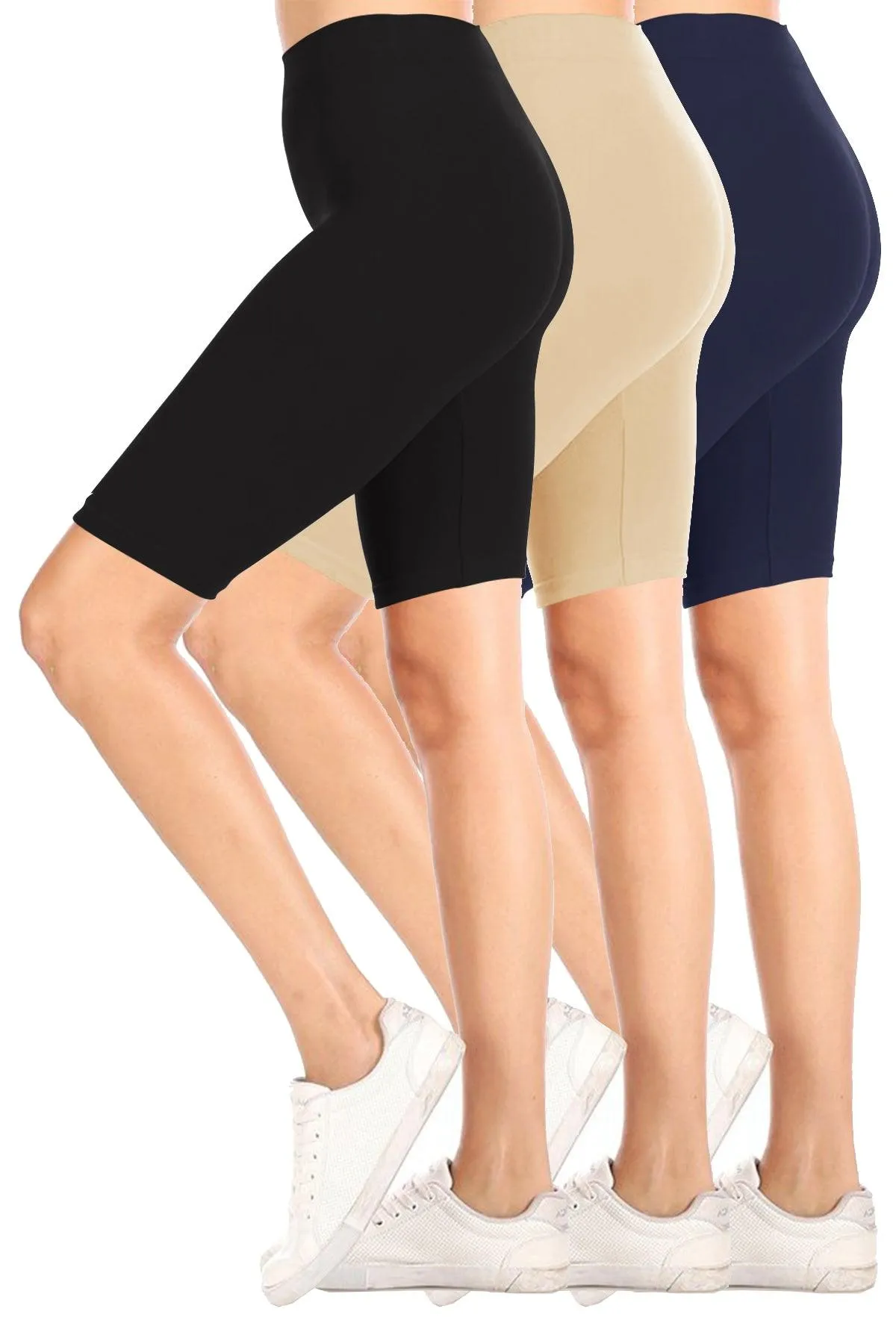 Women's Casual High Waist Stretch Basic  Mid Thigh Active Biker Shorts Pants (Pack of 3)